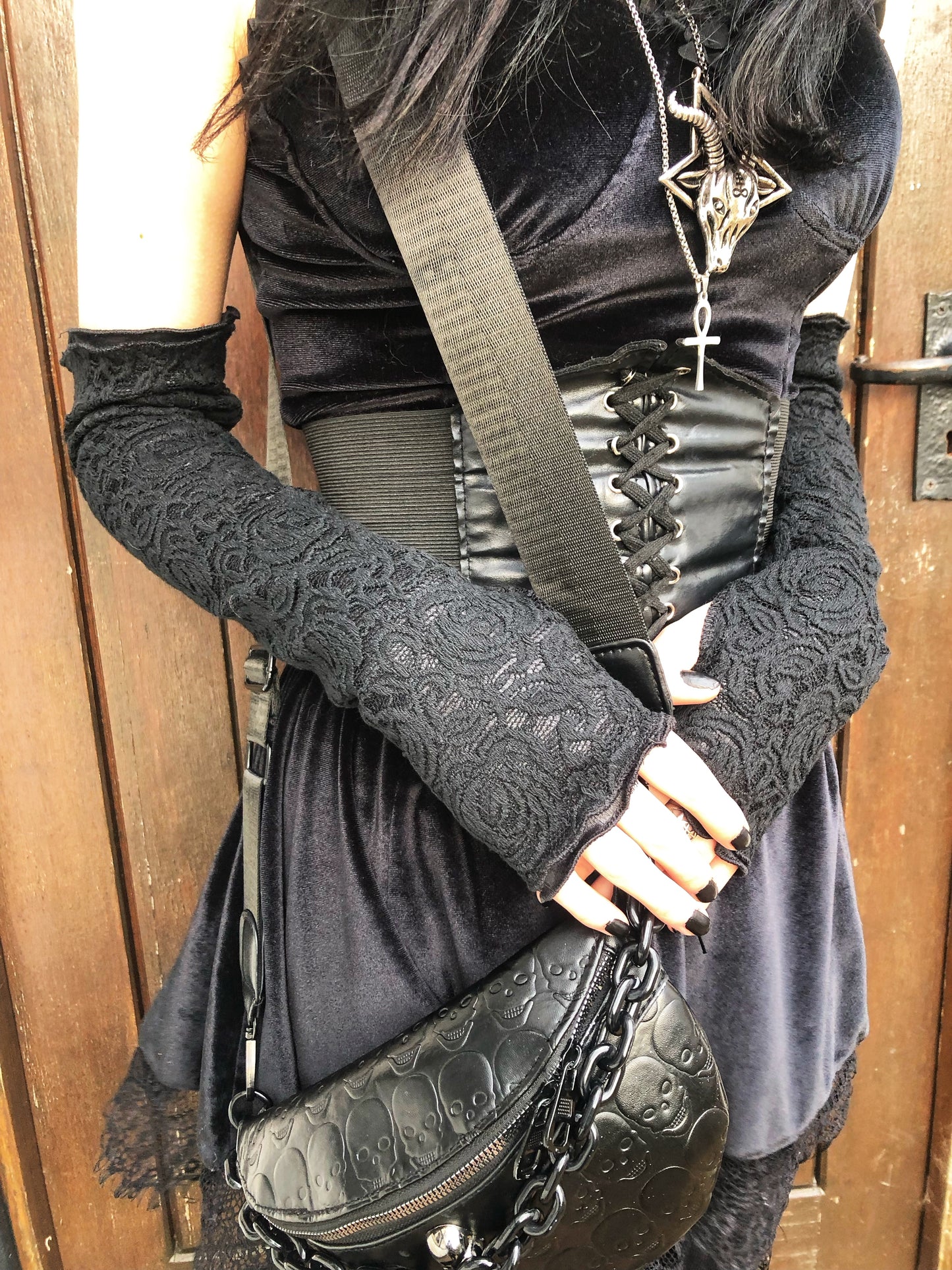 Faux leather & lace arm sleeves